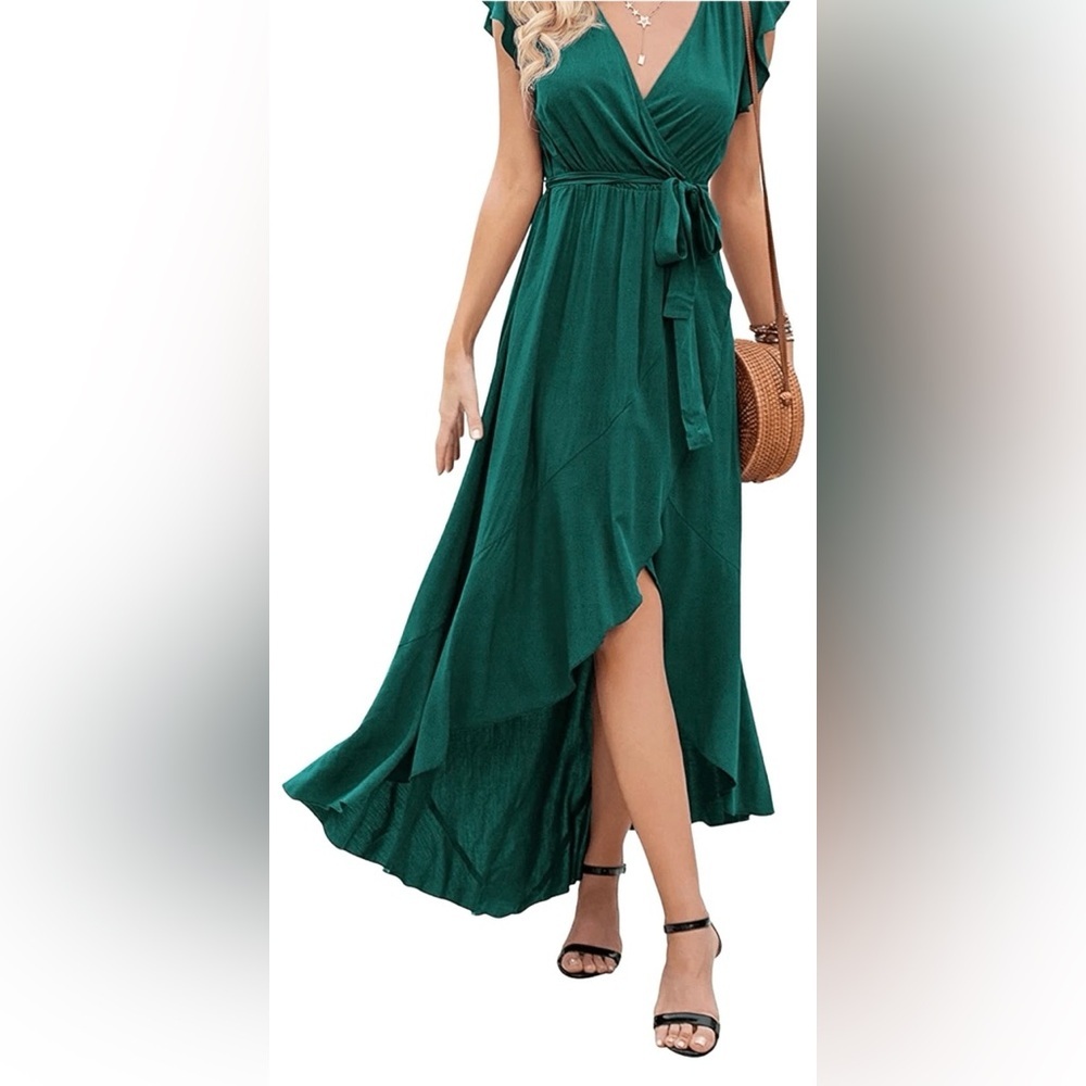 Grecerelle women’s ruffle trim, V-neck Boho slowly dress green size small